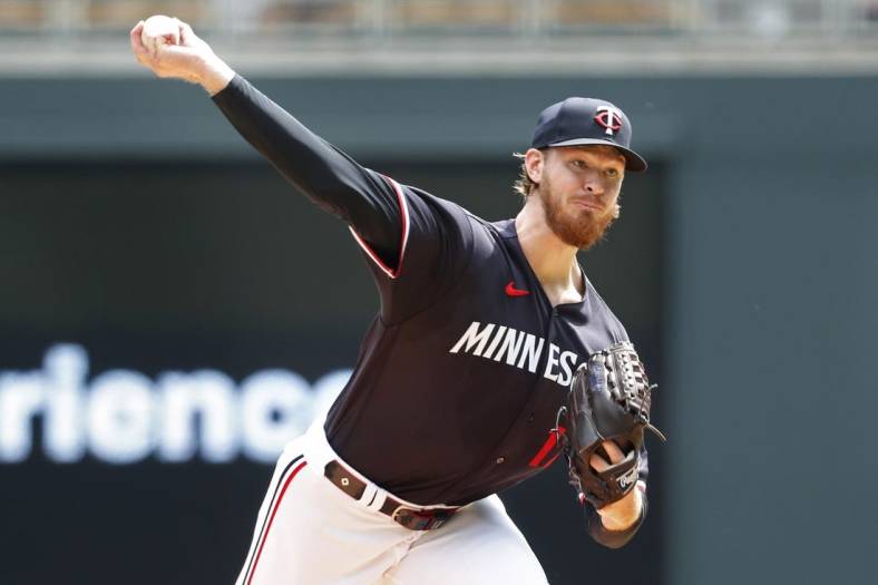 May 11, 2023; Minneapolis, Minnesota, USA; Minnesota Twins starting pitcher Bailey Ober (17) throws to the San Diego Padres in the first inning at Target Field. Mandatory Credit: Bruce Kluckhohn-USA TODAY Sports