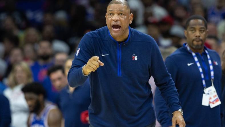 May 11, 2023; Philadelphia, Pennsylvania, USA; Philadelphia 76ers head coach Doc Rivers reacts during the fourth quarter against the Boston Celtics in game six of the 2023 NBA playoffs at Wells Fargo Center. Mandatory Credit: Bill Streicher-USA TODAY Sports