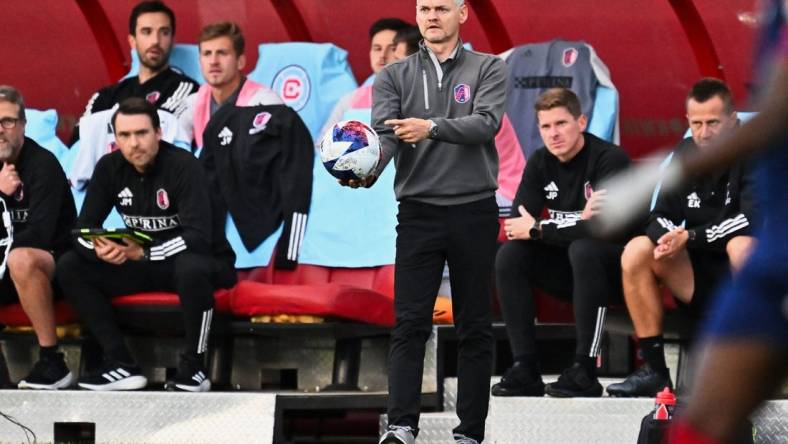 May 9, 2023; Bridgeview, IL, USA;  St. Louis City SC head coach Bradley Carnell watches his team play against the Chicago Fire FC at SeatGeek Stadium. Mandatory Credit: Jamie Sabau-USA TODAY Sports