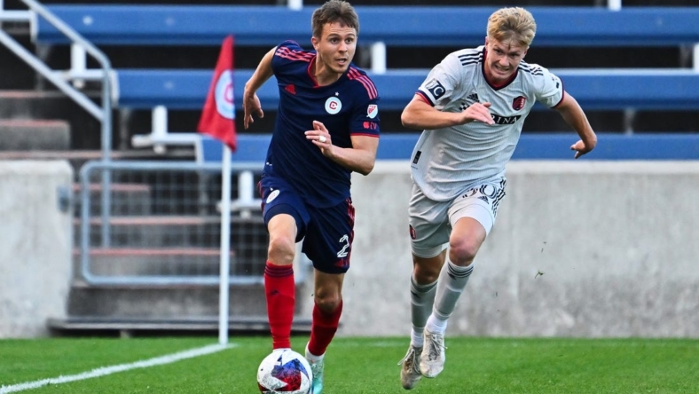 May 9, 2023; Bridgeview, IL, USA;  Chicago Fire FC defender Arnaud Souquet (2) controls the ball against St. Louis City SC at SeatGeek Stadium. Mandatory Credit: Jamie Sabau-USA TODAY Sports