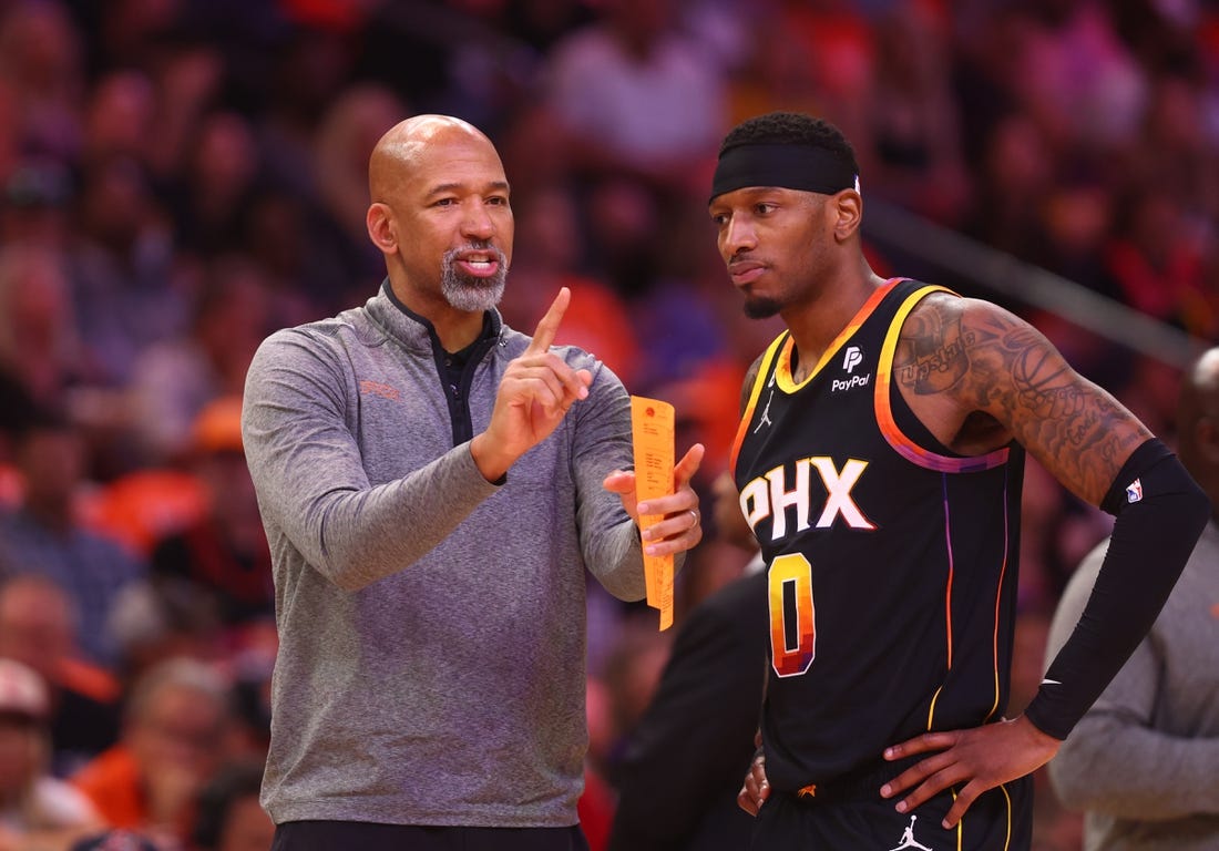 Apr 25, 2023; Phoenix, Arizona, USA; Phoenix Suns head coach Monty Williams with forward Torrey Craig (0) against the Los Angeles Clippers during game five of the 2023 NBA playoffs at Footprint Center. Mandatory Credit: Mark J. Rebilas-USA TODAY Sports