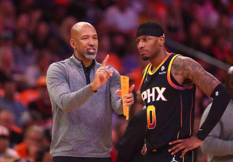 Apr 25, 2023; Phoenix, Arizona, USA; Phoenix Suns head coach Monty Williams with forward Torrey Craig (0) against the Los Angeles Clippers during game five of the 2023 NBA playoffs at Footprint Center. Mandatory Credit: Mark J. Rebilas-USA TODAY Sports