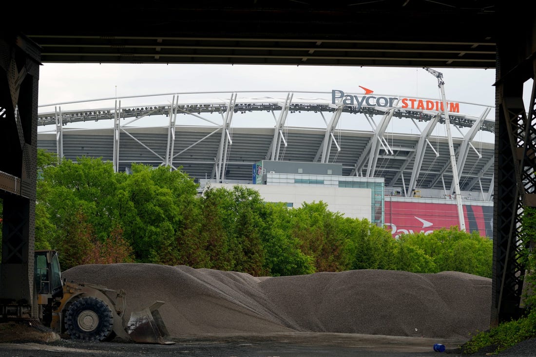 May 12, 2023; Cincinnati, Ohio, USA; Installation of new signage at Paycor Stadium continues, Friday, May 12, 2023, in Cincinnati. Mandatory Credit: Kareem Elgazzar/The Cincinnati Enquirer via USA TODAY NETWORK