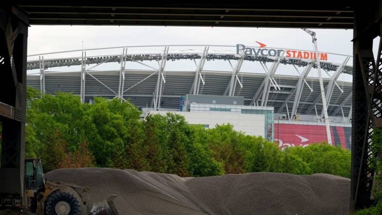 May 12, 2023; Cincinnati, Ohio, USA; Installation of new signage at Paycor Stadium continues, Friday, May 12, 2023, in Cincinnati. Mandatory Credit: Kareem Elgazzar/The Cincinnati Enquirer via USA TODAY NETWORK