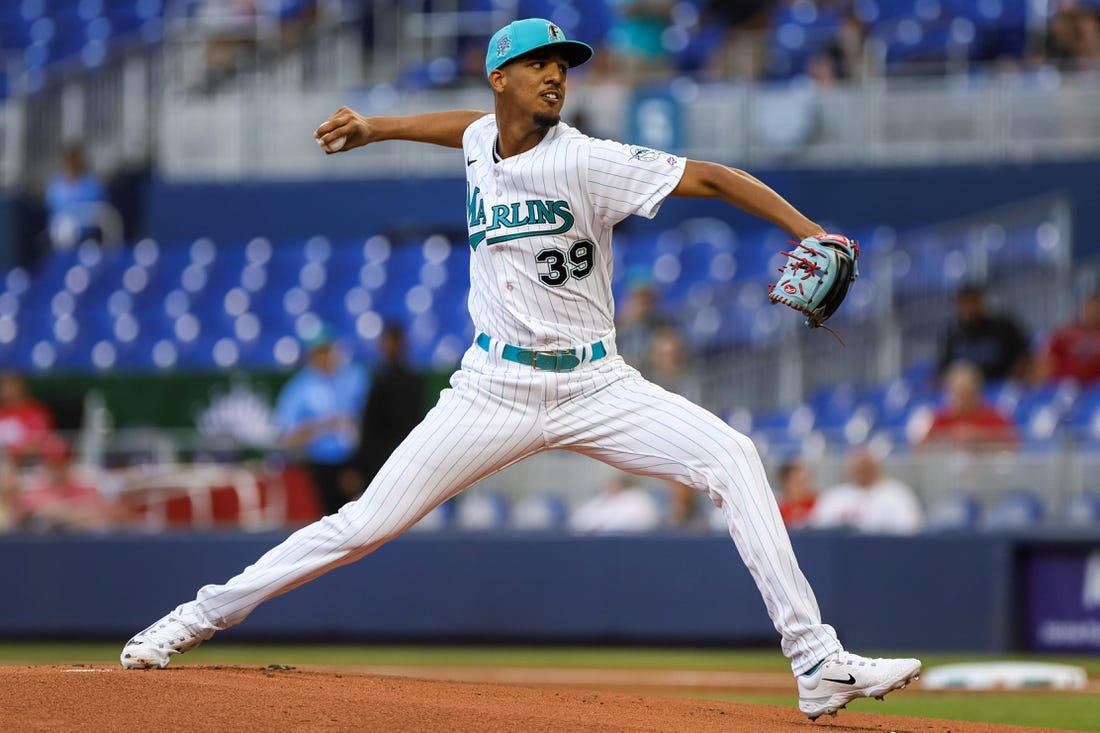May 12, 2023; Miami, Florida, USA; Miami Marlins starting pitcher Eury Perez (39) delivers a pitch against the Cincinnati Reds during the first inning at loanDepot Park. Mandatory Credit: Sam Navarro-USA TODAY Sports
