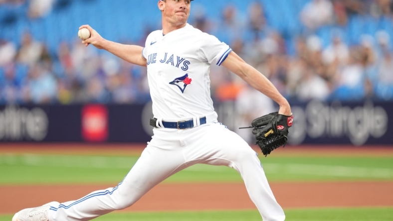 May 12, 2023; Toronto, Ontario, CAN; Toronto Blue Jays starting pitcher Chris Bassitt (40) throws a pitch against the Atlanta Braves during the first inning at Rogers Centre. Mandatory Credit: Nick Turchiaro-USA TODAY Sports