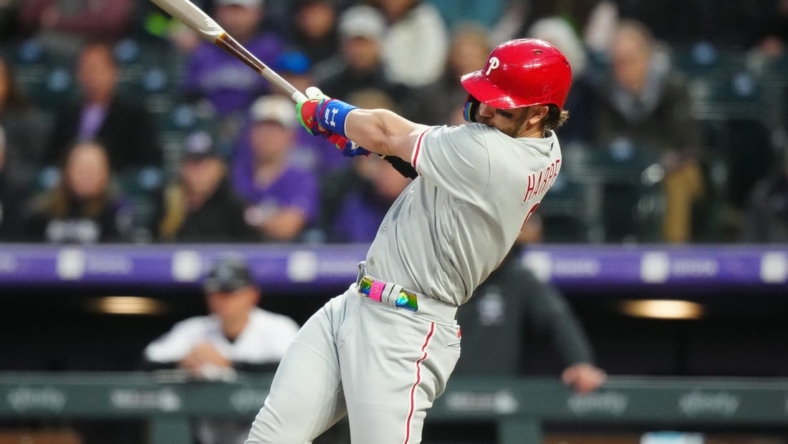 May 12, 2023; Denver, Colorado, USA; Philadelphia Phillies designated hitter Bryce Harper (3) in the seventh inning against the Colorado Rockies at Coors Field. Mandatory Credit: Ron Chenoy-USA TODAY Sports