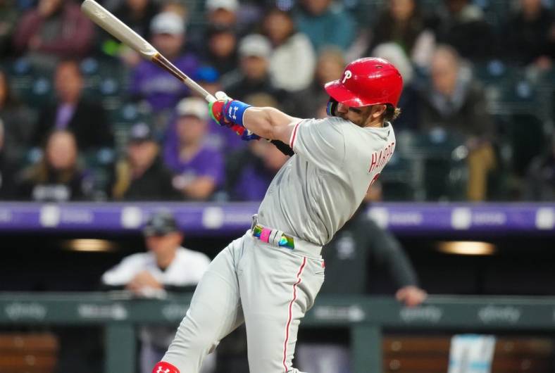 May 12, 2023; Denver, Colorado, USA; Philadelphia Phillies designated hitter Bryce Harper (3) in the seventh inning against the Colorado Rockies at Coors Field. Mandatory Credit: Ron Chenoy-USA TODAY Sports
