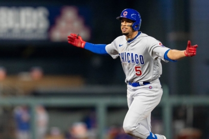 May 12, 2023; Minneapolis, Minnesota, USA; Chicago Cubs center fielder Christopher Morel (5) celebrates a home run against the Minnesota Twins in the ninth inning inning at Target Field. Mandatory Credit: Matt Blewett-USA TODAY Sports