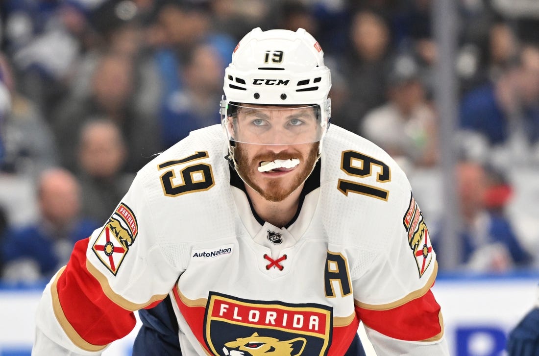 May 12, 2023; Toronto, Ontario, CAN;  Florida Panthers forward Matthew Tkachuk (19) prepares for a faceoff against the Toronto Maple Leafs in the second period in game five of the second round of the 2023 Stanley Cup Playoffs at Scotiabank Arena. Mandatory Credit: Dan Hamilton-USA TODAY Sports