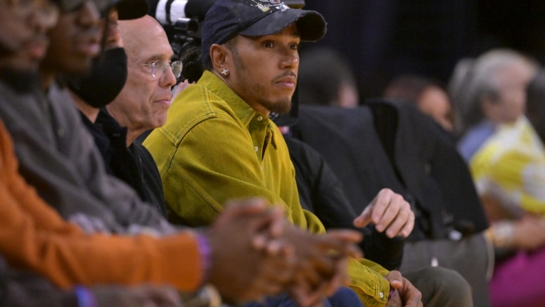 May 12, 2023; Los Angeles, California, USA;  F1 driver Lewis Hamilton attends game six of the 2023 NBA playoffs between the Los Angeles Lakers and the Golden State Warriors at Crypto.com Arena. Mandatory Credit: Jayne Kamin-Oncea-USA TODAY Sports