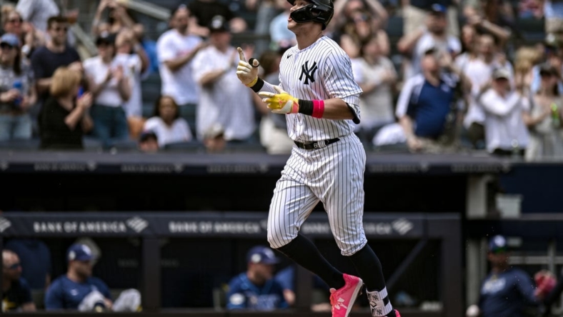May 13, 2023; Bronx, New York, USA; New York Yankees center fielder Aaron Judge (99) celebrates after hitting a two run-home run against the Tampa Bay Rays during the fifth inning at Yankee Stadium. Mandatory Credit: John Jones-USA TODAY Sports