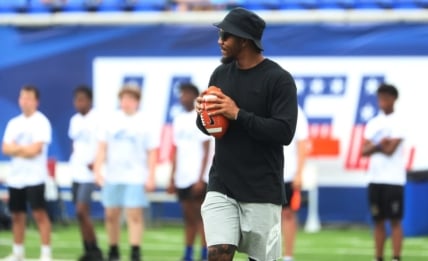 Former Memphis Tiger football star and current Dallas Cowboys running back Tony Pollard holds a football camp at Simmons Bank Liberty Stadium on May 13, 2023 in Memphis, Tenn.