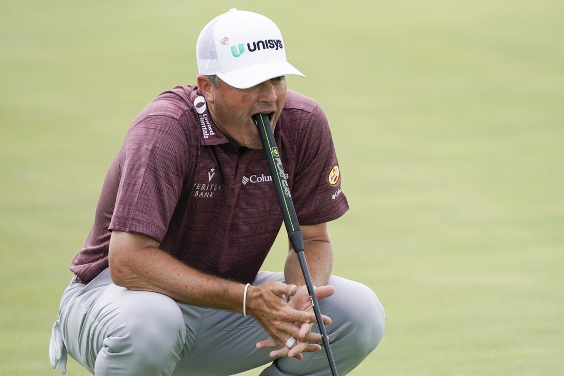 May 13, 2023; McKinney, Texas, USA; Ryan Palmer reacts after missing an eagle putt on the 18th green during the third round of the AT&T Byron Nelson golf tournament. Mandatory Credit: Raymond Carlin III-USA TODAY Sports