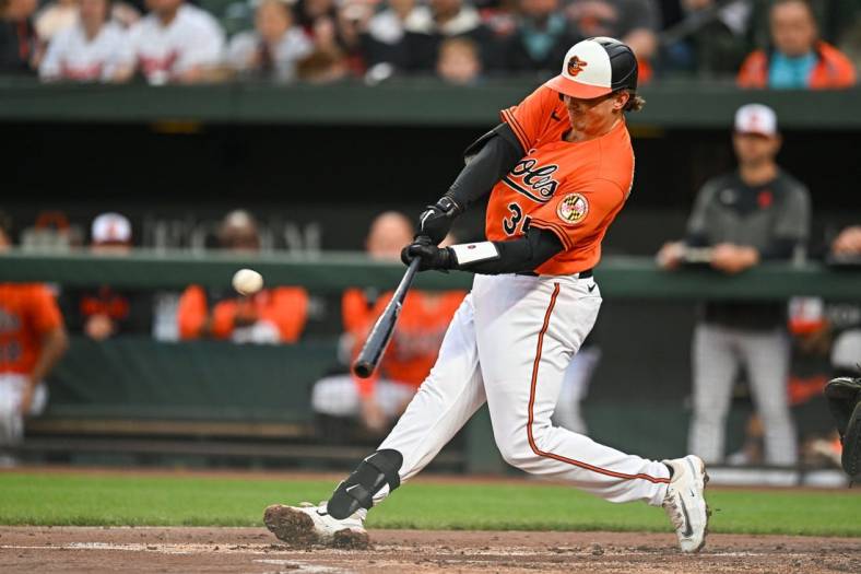 May 13, 2023; Baltimore, Maryland, USA; Baltimore Orioles catcher Adley Rutschman (35) hits a home run in the first inning against the Pittsburgh Pirates at Oriole Park at Camden Yards. Mandatory Credit: Reggie Hildred-USA TODAY Sports