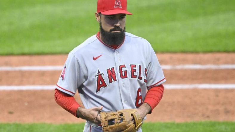 May 13, 2023; Cleveland, Ohio, USA; Los Angeles Angels third baseman Anthony Rendon (6) walks to the dugout in the sixth inning against the Cleveland Guardians at Progressive Field. Mandatory Credit: David Richard-USA TODAY Sports
