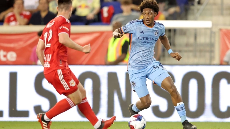 May 13, 2023; Harrison, New Jersey, USA; New York City FC forward Talles Magno (43) controls the ball against New York Red Bulls defender Dylan Nealis (12) during the first half at Red Bull Arena. Mandatory Credit: Brad Penner-USA TODAY Sports