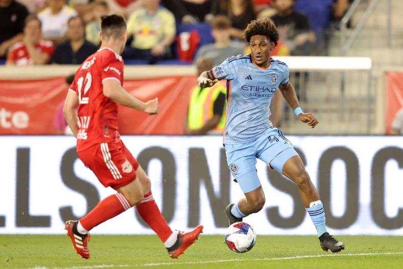 May 13, 2023; Harrison, New Jersey, USA; New York City FC forward Talles Magno (43) controls the ball against New York Red Bulls defender Dylan Nealis (12) during the first half at Red Bull Arena. Mandatory Credit: Brad Penner-USA TODAY Sports