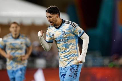 May 13, 2023; Commerce City, Colorado, USA; Philadelphia Union forward Julian Carranza (9) celebrates after his goal in the second half against the Colorado Rapids at Dick's Sporting Goods Park. Mandatory Credit: Isaiah J. Downing-USA TODAY Sports