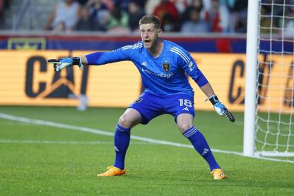 May 13, 2023; Sandy, Utah, USA; Real Salt Lake goalkeeper Zac MacMath (18) directs his team in the first half against the Los Angeles FC at America First Field. Mandatory Credit: Jeff Swinger-USA TODAY Sports