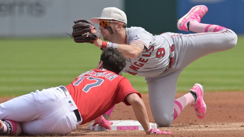 May 14, 2023; Cleveland, Ohio, USA; Los Angeles Angels shortstop Zach Neto (9) reacts after tagging out Cleveland Guardians right fielder Will Brennan (17) at second base during the second inning at Progressive Field. Mandatory Credit: Ken Blaze-USA TODAY Sports