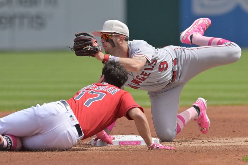 May 14, 2023; Cleveland, Ohio, USA; Los Angeles Angels shortstop Zach Neto (9) reacts after tagging out Cleveland Guardians right fielder Will Brennan (17) at second base during the second inning at Progressive Field. Mandatory Credit: Ken Blaze-USA TODAY Sports
