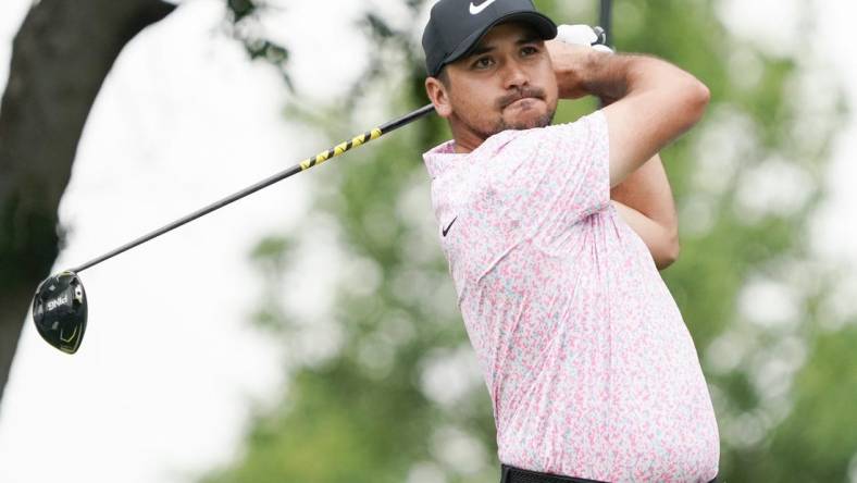 May 14, 2023; McKinney, Texas, USA; Jason Day plays his shot from the second tee during the final round of the AT&T Byron Nelson golf tournament. Mandatory Credit: Raymond Carlin III-USA TODAY Sports