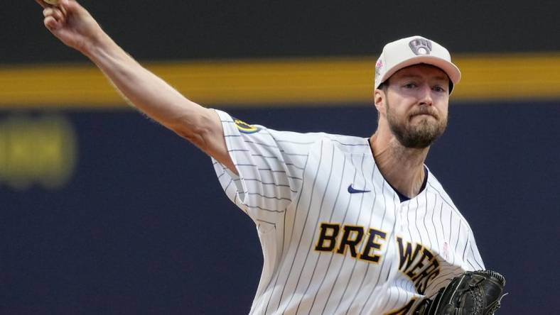 May 14, 2023; Milwaukee, Wisconsin, USA; Milwaukee Brewers starting pitcher Colin Rea (48) throws during the first inning of their game against the Kansas City Royals. Mandatory Credit: Mark Hoffman-USA TODAY Sports