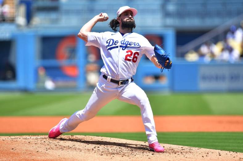 May 14, 2023; Los Angeles, California, USA;Los Angeles Dodgers starting pitcher Tony Gonsolin (26) throws against the San Diego Padres during the second inning  at Dodger Stadium. Mandatory Credit: Gary A. Vasquez-USA TODAY Sports