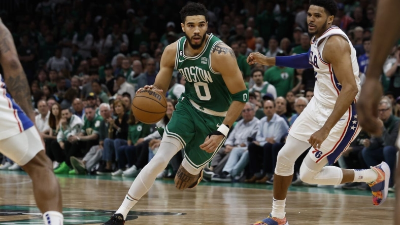 May 14, 2023; Boston, Massachusetts, USA; Boston Celtics forward Jayson Tatum (0) drives against the Philadelphia 76ers during the second quarter of game seven of the 2023 NBA playoffs at TD Garden. Mandatory Credit: Winslow Townson-USA TODAY Sports