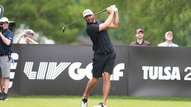 May 14, 2023; Tulsa, Oklahoma, USA; Dustin Johnson watches his tee shot during the final round of a LIV Golf event at Cedar Ridge Country Club. Mandatory Credit: Joey Johnson-USA TODAY Sports