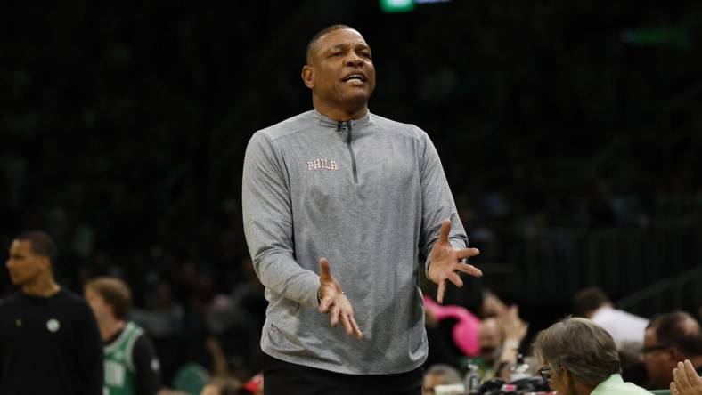 May 14, 2023; Boston, Massachusetts, USA; Philadelphia 76ers head coach Doc Rivers reacts during the first quarter of game seven of the 2023 NBA playoffs against the Boston Celtics at TD Garden. Mandatory Credit: Winslow Townson-USA TODAY Sports