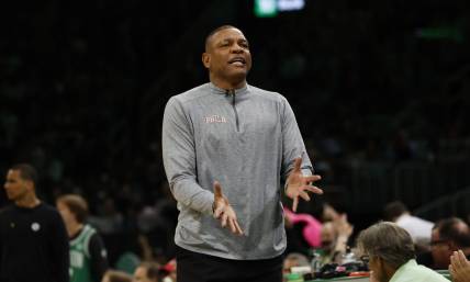 May 14, 2023; Boston, Massachusetts, USA; Philadelphia 76ers head coach Doc Rivers reacts during the first quarter of game seven of the 2023 NBA playoffs against the Boston Celtics at TD Garden. Mandatory Credit: Winslow Townson-USA TODAY Sports