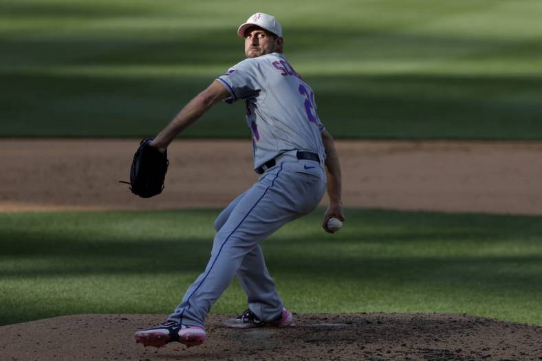 May 14, 2023; Washington, District of Columbia, USA; New York Mets starting pitcher Max Scherzer (21) pitches against the Washington Nationals during the fifth inning at Nationals Park. Mandatory Credit: Geoff Burke-USA TODAY Sports