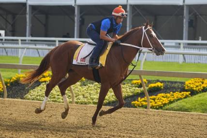 May 15, 2023; Baltimore, MD, USA; Preakness Stakes contender Mage trains Monday morning at Pimlico Race Track. Mandatory Credit: Gregory Fisher-USA TODAY Sports