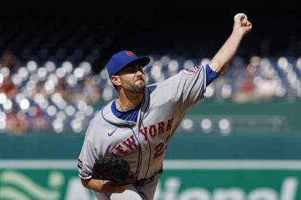 May 15, 2023; Washington, District of Columbia, USA; New York Mets starting pitcher David Peterson (23) pitches against the Washington Nationals during the first inning at Nationals Park. Mandatory Credit: Geoff Burke-USA TODAY Sports
