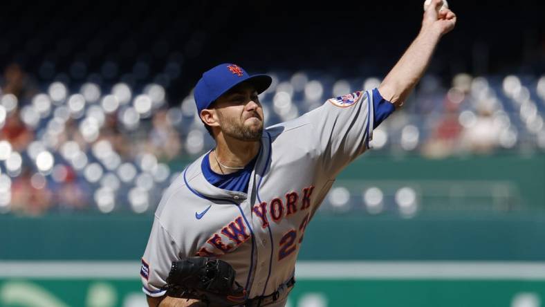 May 15, 2023; Washington, District of Columbia, USA; New York Mets starting pitcher David Peterson (23) pitches against the Washington Nationals during the first inning at Nationals Park. Mandatory Credit: Geoff Burke-USA TODAY Sports