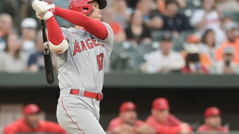 May 15, 2023; Baltimore, Maryland, USA;  Los Angeles Angels starting pitcher Shohei Ohtani (17) hits a three run home run against the Baltimore Orioles in the third inning at Oriole Park at Camden Yards. Mandatory Credit: Tommy Gilligan-USA TODAY Sports