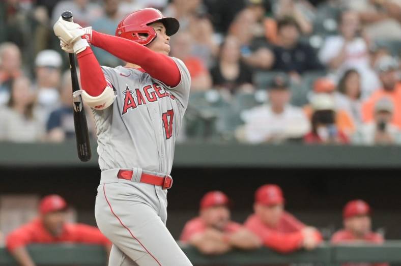 May 15, 2023; Baltimore, Maryland, USA;  Los Angeles Angels starting pitcher Shohei Ohtani (17) hits a three run home run against the Baltimore Orioles in the third inning at Oriole Park at Camden Yards. Mandatory Credit: Tommy Gilligan-USA TODAY Sports
