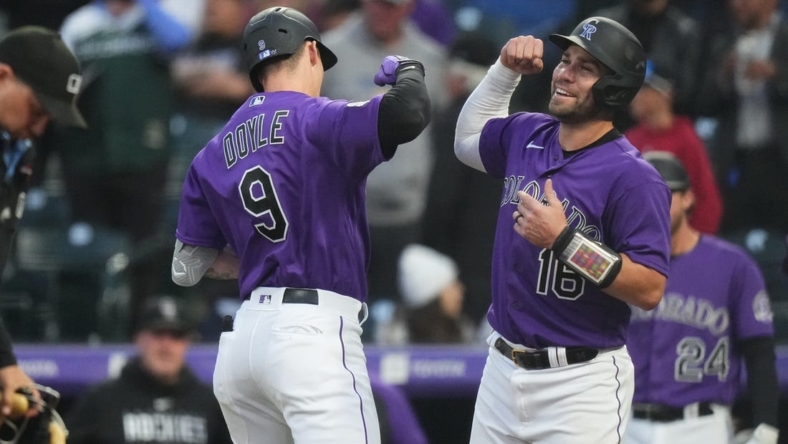 May 15, 2023; Denver, Colorado, USA; Colorado Rockies center fielder Brenton Doyle (9) celebrates his two-run home run with catcher Austin Wynns (16) in the fourth inning against the Cincinnati Reds at Coors Field. Mandatory Credit: Ron Chenoy-USA TODAY Sports