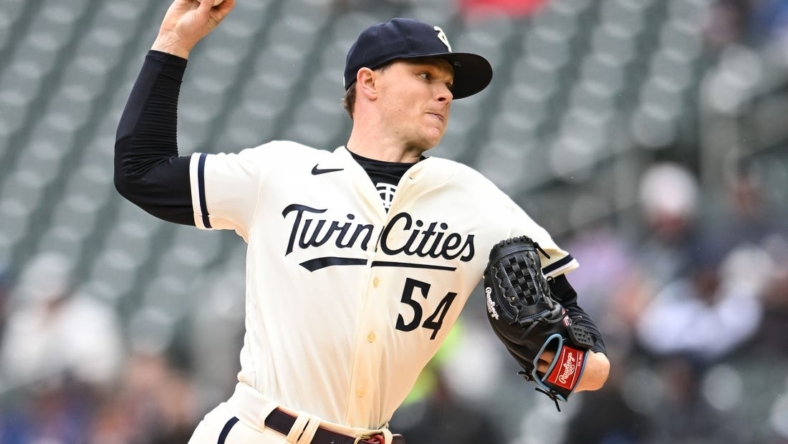Apr 30, 2023; Minneapolis, Minnesota, USA; Minnesota Twins starting pitcher Sonny Gray (54) in action against the Kansas City Royals at Target Field. Mandatory Credit: Jeffrey Becker-USA TODAY Sports