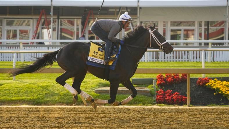 May 16, 2023; Baltimore, MD, USA; Preakness Stakes contender First Mission trains Tuesday morning at Pimlico Race Track. Mandatory Credit: Gregory Fisher-USA TODAY Sports