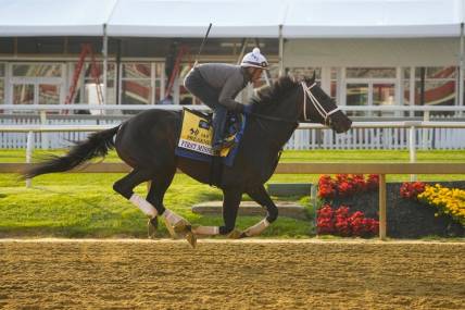 May 16, 2023; Baltimore, MD, USA; Preakness Stakes contender First Mission trains Tuesday morning at Pimlico Race Track. Mandatory Credit: Gregory Fisher-USA TODAY Sports