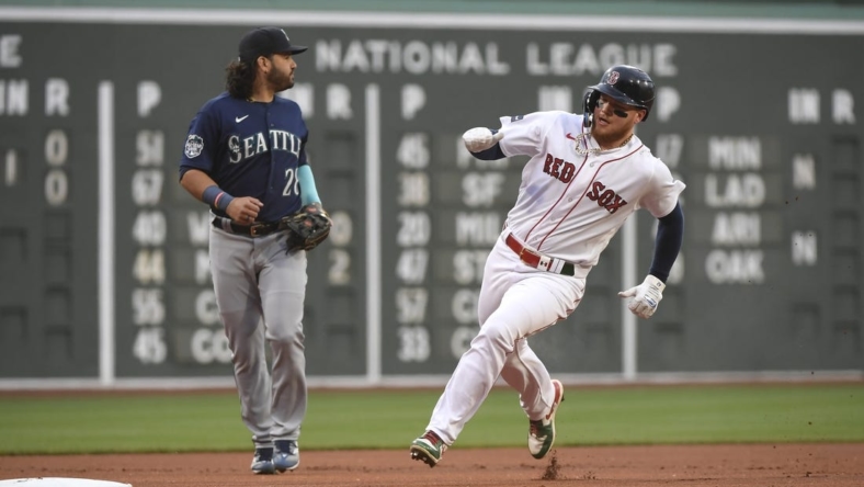 May 16, 2023; Boston, Massachusetts, USA; Boston Red Sox right fielder Alex Verdugo (99) rounds third base during the first inning against the Seattle Mariners at Fenway Park. Mandatory Credit: Bob DeChiara-USA TODAY Sports
