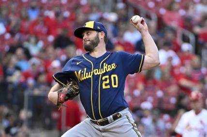 May 16, 2023; St. Louis, Missouri, USA;  Milwaukee Brewers starting pitcher Wade Miley (20) pitches against the St. Louis Cardinals during the first inning at Busch Stadium. Mandatory Credit: Jeff Curry-USA TODAY Sports