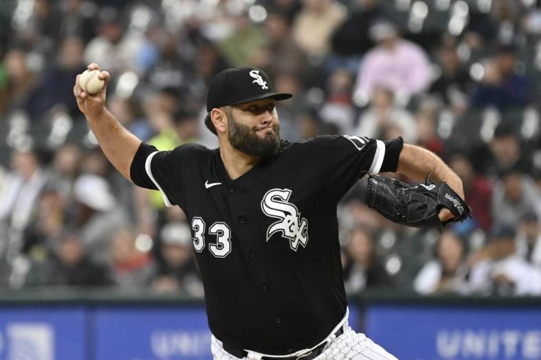 May 16, 2023; Chicago, Illinois, USA; Chicago White Sox starting pitcher Lance Lynn (33) delivers against the Cleveland Guardians during the first inning at Guaranteed Rate Field. Mandatory Credit: Matt Marton-USA TODAY Sports