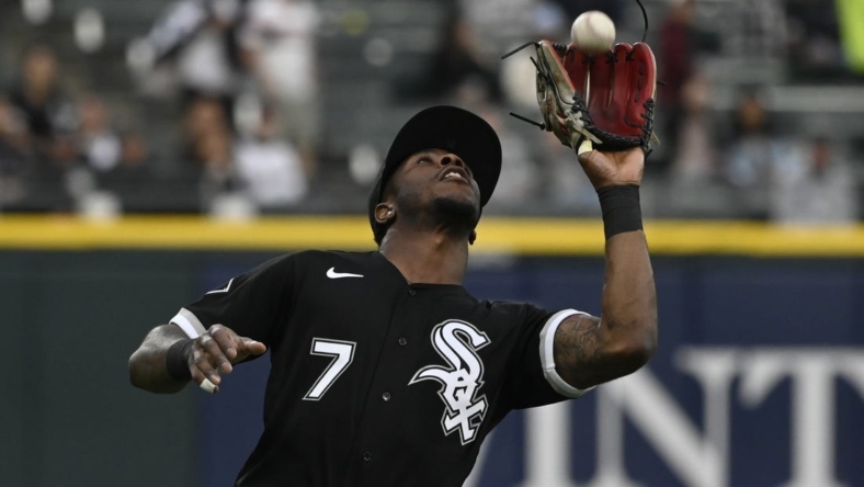 May 16, 2023; Chicago, Illinois, USA; Chicago White Sox shortstop Tim Anderson (7) catches a fly ball hit by Cleveland Guardians left fielder Steven Kwan (not pictured) during the first inning at Guaranteed Rate Field. Mandatory Credit: Matt Marton-USA TODAY Sports