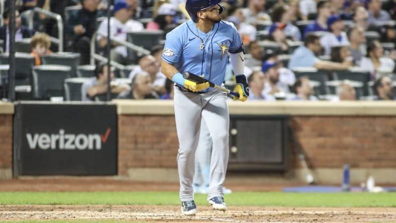 May 16, 2023; New York City, New York, USA; Tampa Bay Rays third baseman Isaac Paredes (17) hits a two run home run in the fifth inning against the New York Mets at Citi Field. Mandatory Credit: Wendell Cruz-USA TODAY Sports