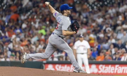 May 16, 2023; Houston, Texas, USA;  Chicago Cubs starting pitcher Justin Steele (35) pitches against the Houston Astros in the first inning at Minute Maid Park. Mandatory Credit: Thomas Shea-USA TODAY Sports