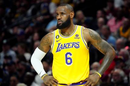 May 16, 2023; Denver, Colorado, USA; Los Angeles Lakers forward LeBron James (6) reacts in the third quarter against the Denver Nuggets during game one of the Western Conference Finals for the 2023 NBA playoffs at Ball Arena. Mandatory Credit: Ron Chenoy-USA TODAY Sports